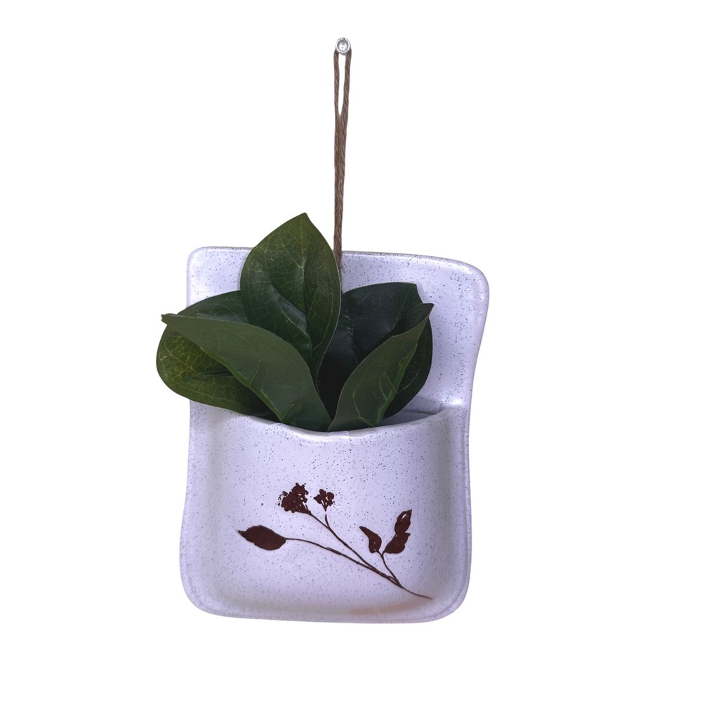 Vintage Speckled Ceramic Wall Pocket Planter White Brown Floral Early 2000s